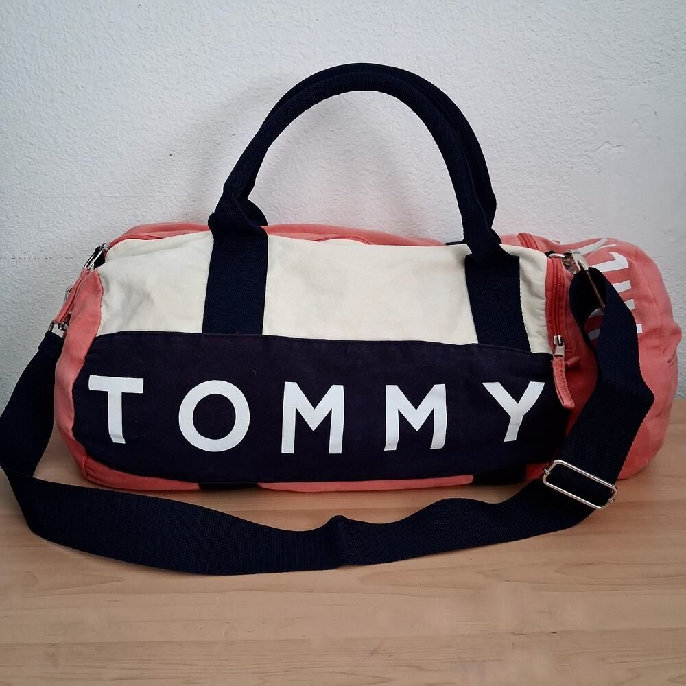 Vintage Tommy Hilfiger Duffle Bag Strap Spell Out Canvas Travel Zipper Pockets